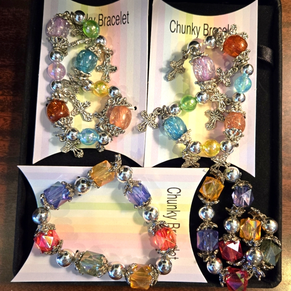 Batch of 4 Kids Elastic Stretch Beaded Silvertone  Bracelets, Play